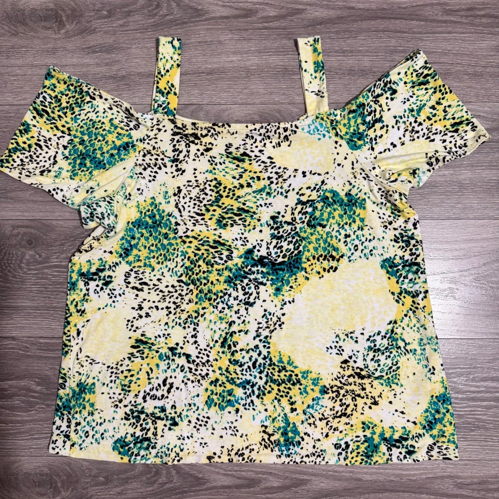 JM Collection Womens Top 1X Cold Shoulder Yellow Teal Abstract Animal Print